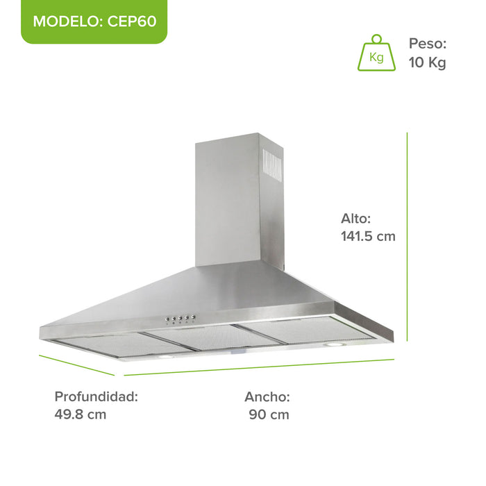 Campana de cocina de pared piramidal 90 cm en acero inoxidable