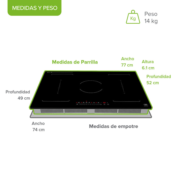 Parrilla de inducción 5 quemadores 2 zonas flex 77 cm con función booster 7400 - 8000 W