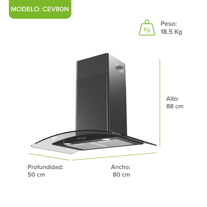 Campana de cocina de pared curva 80 cm en acero inoxidable y vidrio templado - negro
