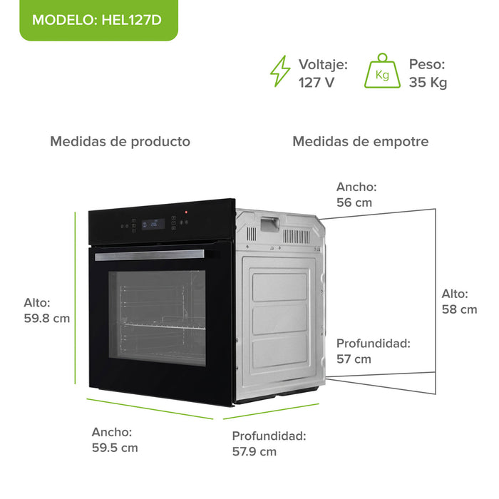 Horno empotrable eléctrico 67 L control táctil y 8 funciones 1800 W 127 V