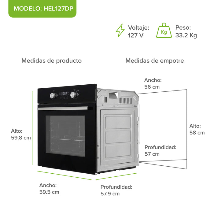 Horno empotrable eléctrico 67 L con temporizador digital y 6 funciones 1800 W 127 V