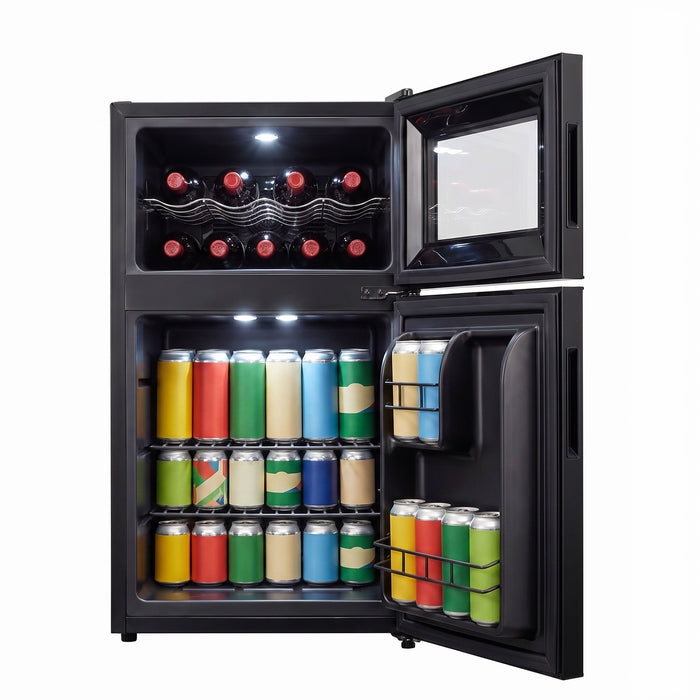 Cava de vinos y enfriador de bebidas 2 en 1 para 8 botellas y 36 latas, doble zona de temperatura 63 L