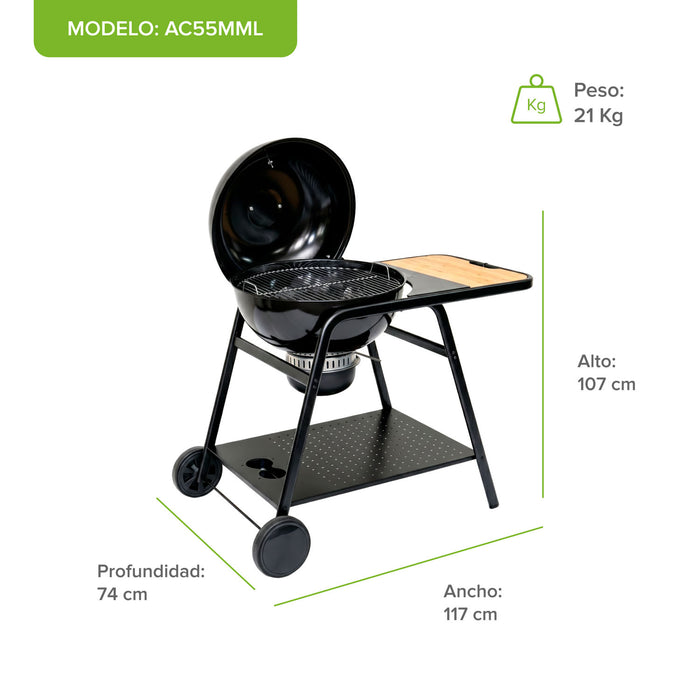 Asador de carbón de 22" 58 cm con termómetro, bandeja de cenizas y mesa lateral