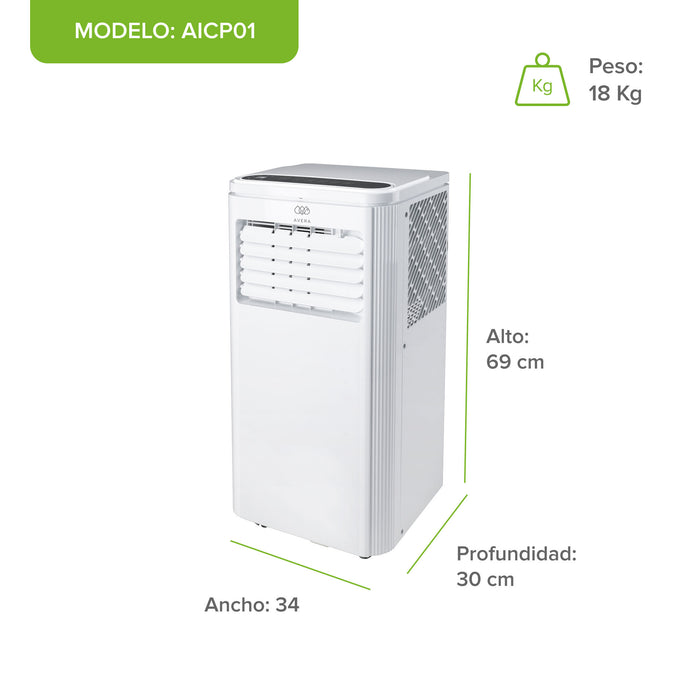 Aire acondicionado portátil Avera AICP01 blanco con dimensiones de 69 cm de alto, 34 cm de ancho y 18 kg de peso.