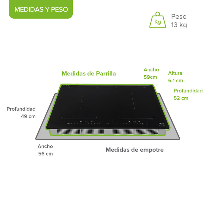 Parrilla de inducción 4 quemadores 2 zonas flex 59 cm con función booster 7000 - 8000 W