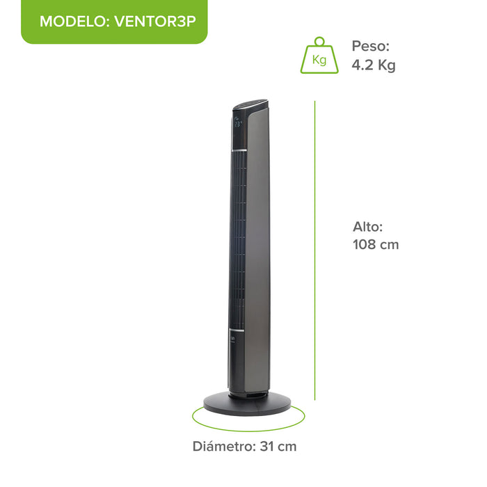 Ventilador de torre inteligente de 108 cm de alto, peso de 4.2 kg y base de 31 cm de diámetro.