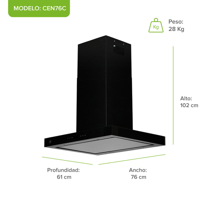 Campana de cocina para isla tipo T 76 cm, 780 m3/h de extracción control táctil y WiFi con temporizador, acero inoxidable - negro