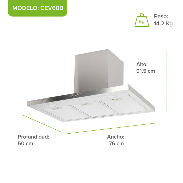 Campana de cocina de pared 76 cm en acero inoxidable