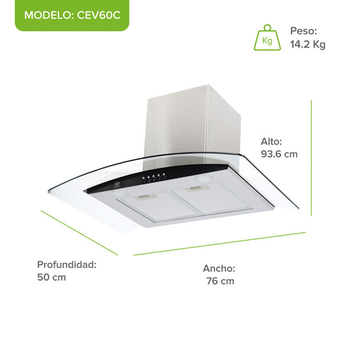 Campana de cocina de pared 76 cm en acero inoxidable y vidrio templado