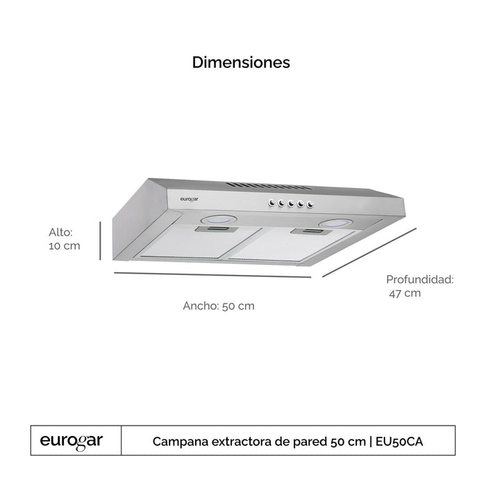 Campana de cocina de pared 50 cm, 180 m³/h de extracción, acero inoxidable - eurogar