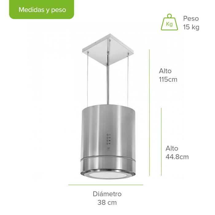 Campana de cocina para isla colgante cilíndrica 38 cm con lámpara decorativa, potencia motor 300 W acero inoxidable