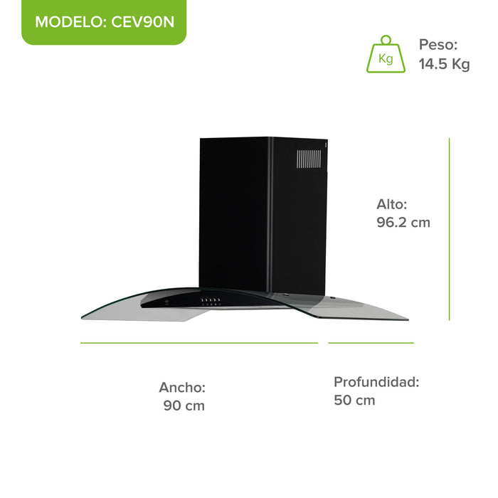 Campana de cocina de pared 90 cm en acero inoxidable y vidrio templado - negro