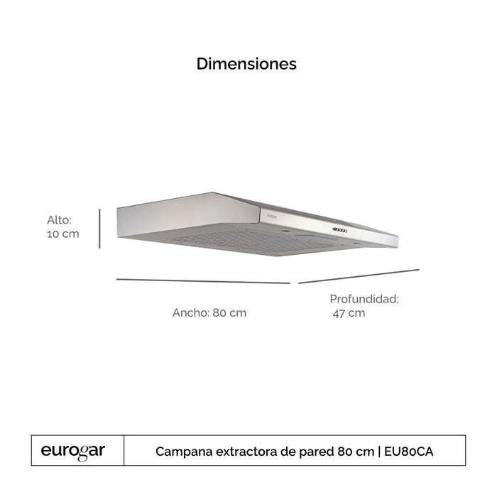 Campana de cocina de pared 80 cm, 180 m³/h de extracción, acero inoxidable