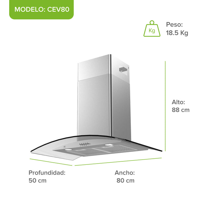 Campana de cocina de pared curva 80 cm en acero inoxidable y vidrio templado