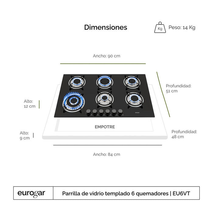 Parrilla de gas 6 quemadores 90 cm en vidrio templado - eurogar