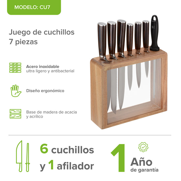 Juego de cuchillos de acero inoxidable con base de madera - 7 piezas