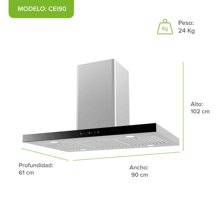 Campana de cocina para isla tipo T 90 cm, 780 m3/h de extracción control táctil y de gestos, acero inoxidable