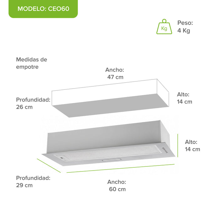Campana de cocina empotrable oculta 60 cm, 270 m³/h de extracción, acero inoxidable