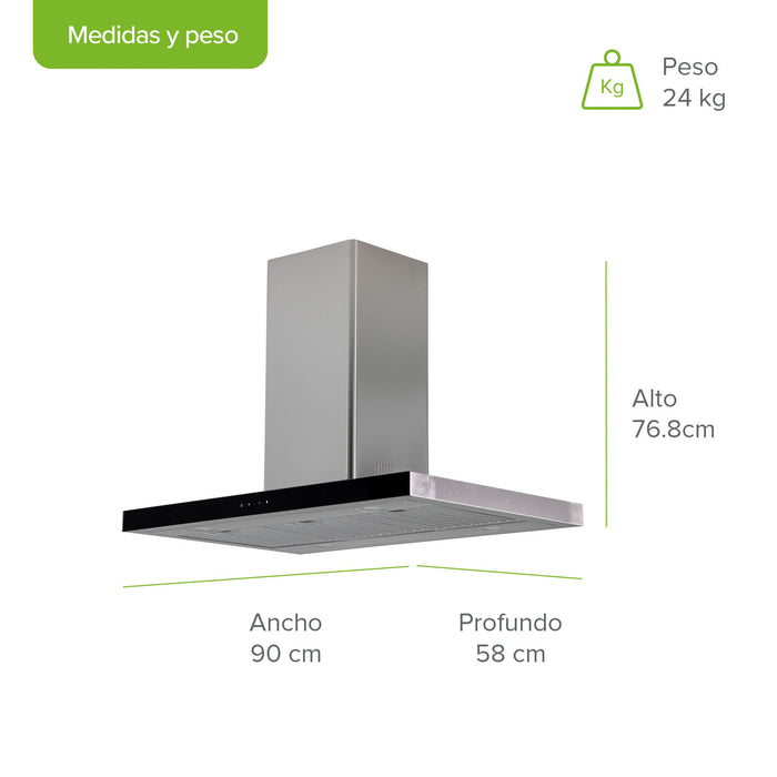 Campana de cocina de isla tipo T 90 cm acero inoxidable con tecnología sin contacto