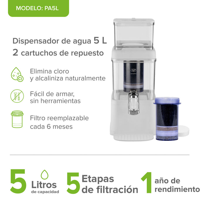 Combo Filtro dispensador de agua 5 L con 2 cartuchos de repuesto - 1 año de rendimiento