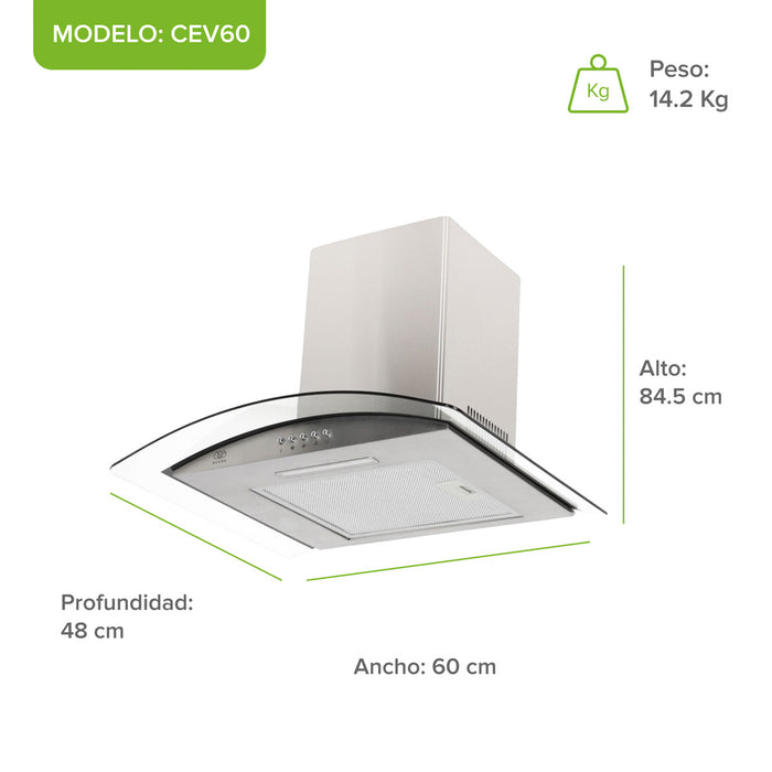 Campana de cocina de pared 60 cm en acero inoxidable y vidrio templado