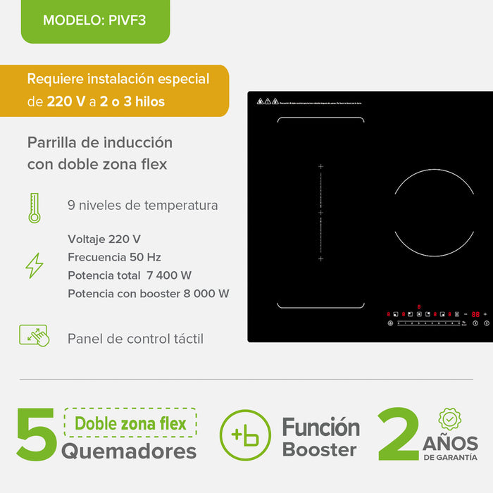 Parrilla de inducción 5 quemadores 77 cm 2 zonas flex con función booster 7400 - 8000 W 220V