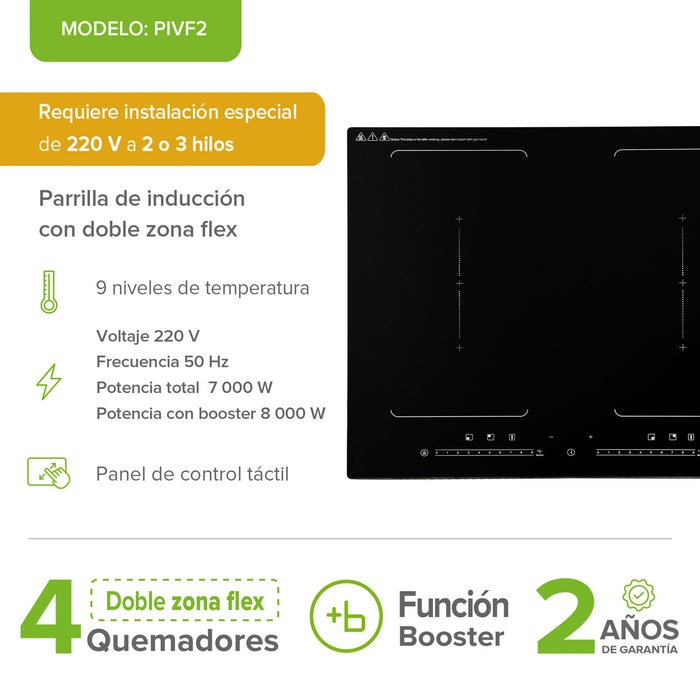 Parrilla de inducción 4 quemadores 59 cm 2 zonas flex con función booster 7000 - 8000 W 220V