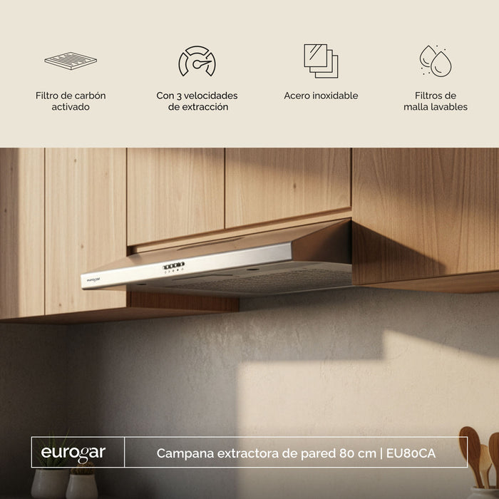 Campana de cocina de pared 80 cm, 180 m³/h de extracción, acero inoxidable