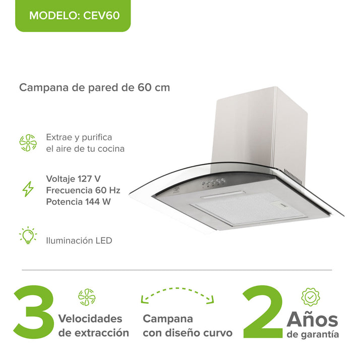 Campana de cocina de pared 60 cm en acero inoxidable y vidrio templado