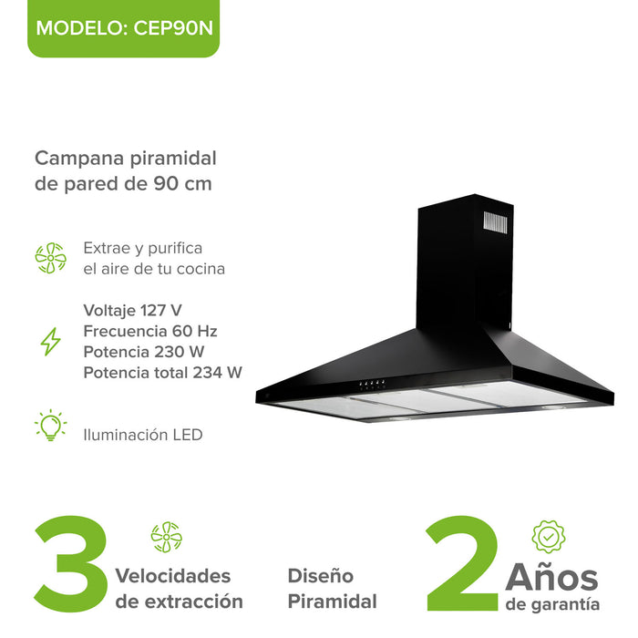 Campana de cocina de pared piramidal 90 cm en acero inoxidable - negro