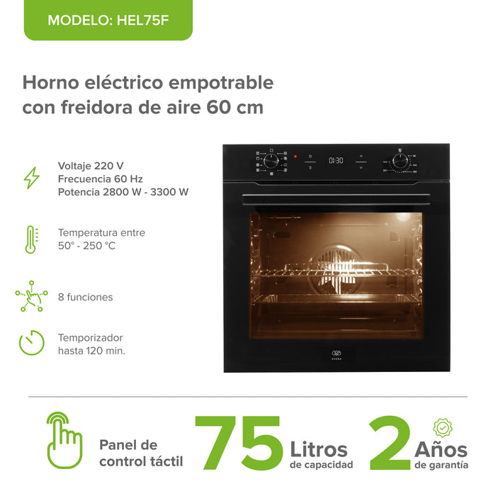 Horno empotrable eléctrico 75 L 220 V digital con freidora de aire y 8 funciones integradas