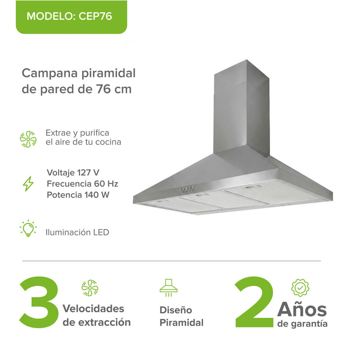 Campana de cocina de pared piramidal 76 cm en acero inoxidable, potencia motor 140 W