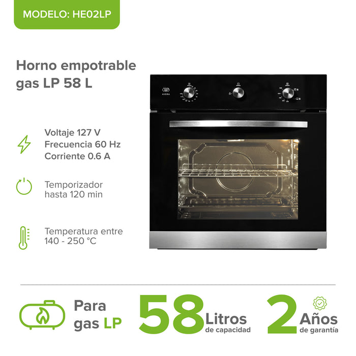 Horno empotrable a gas LP de 58 L, modelo HE02LP, en color negro con detalles plateados, mostrando sus especificaciones técnicas y 2 años de garantía.