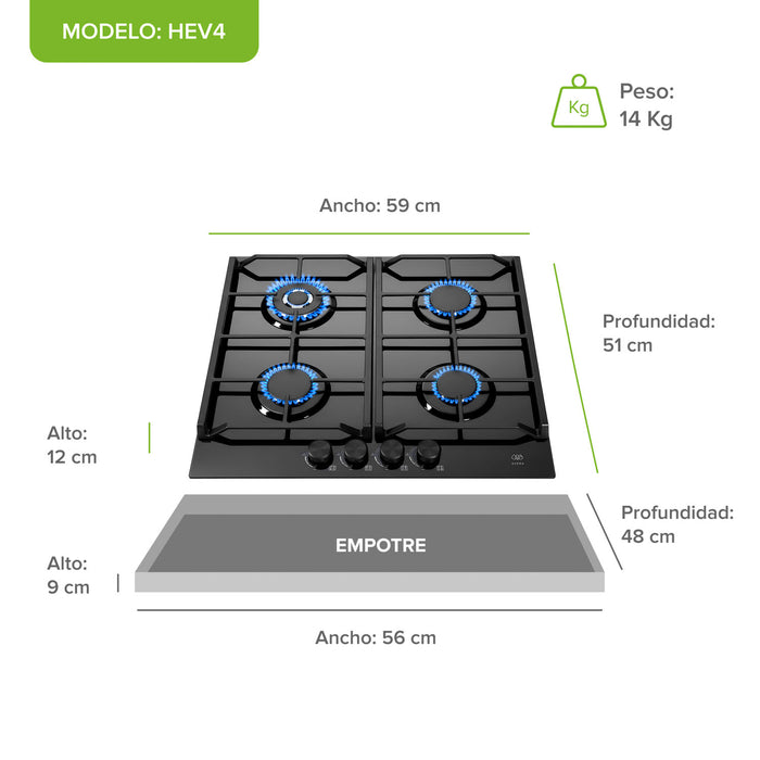 Parrilla de gas 4 quemadores 59 cm en vidrio templado premium - negro