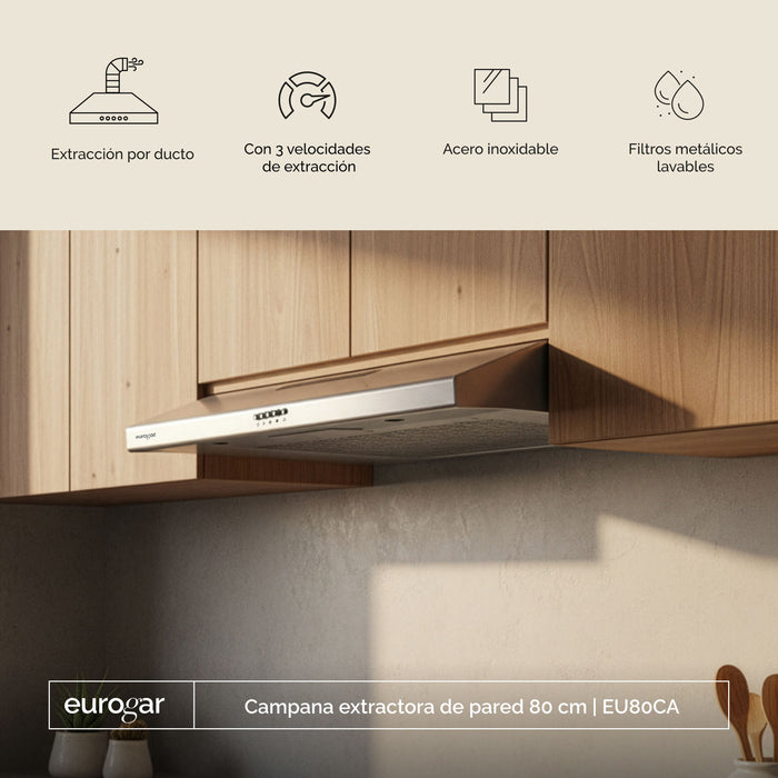 Campana de cocina de pared 80 cm, 180 m³/h de extracción, acero inoxidable - eurogar