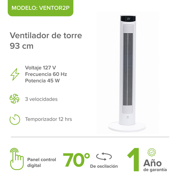 Ventilador de torre digital 93 cm con pantalla LED, 3 velocidades, oscilación 70° y temporizador de 12 horas.