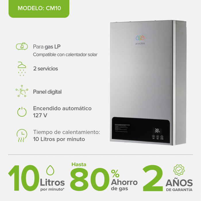 Calentador de agua instantáneo modulante para gas LP 10 Litros/Minuto, 2 Servicios