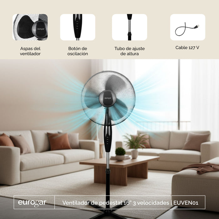 Ventilador de pedestal 16 pulgadas, 3 velocidades, oscilación 90° y altura ajustable