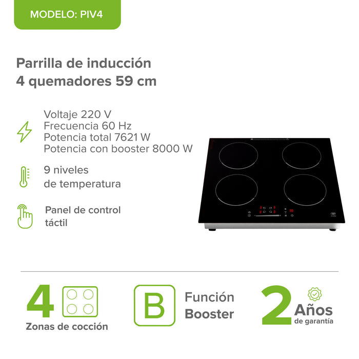Parrilla de inducción 4 quemadores 59 cm con función booster 7621 - 8000 W 220V