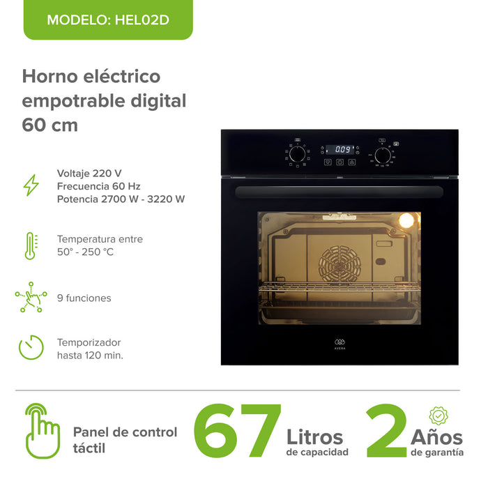 Horno empotrable eléctrico 67 L 220 V digital con 9 funciones integradas