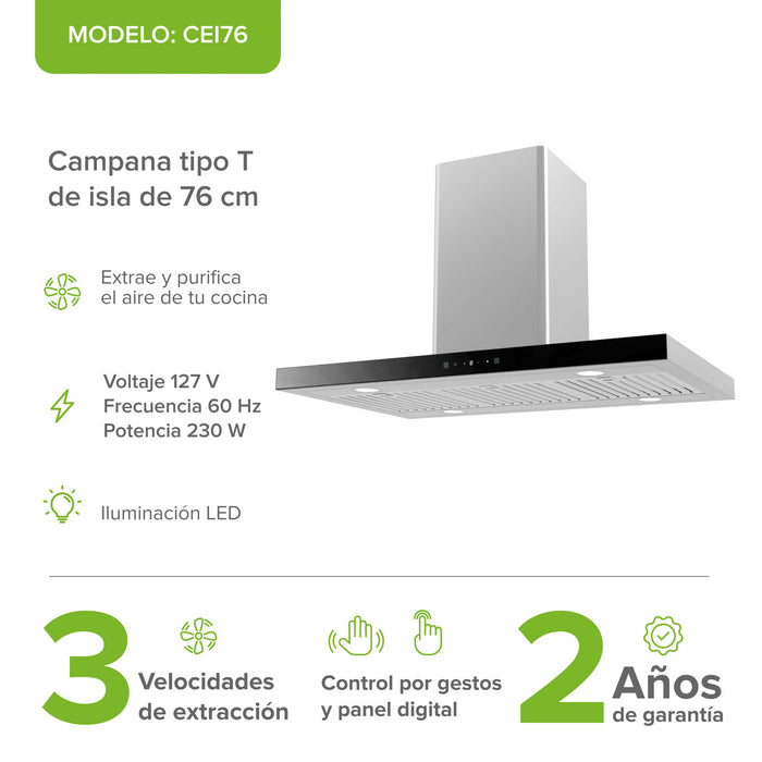 Campana de cocina para isla tipo T 76 cm, 800 m3/h de extracción control táctil y de gestos, acero inoxidable