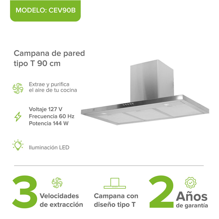 Campana de cocina de pared tipo T de 90 cm en acero inoxidable con 3 velocidades, iluminacion LED y filtros metalicos.