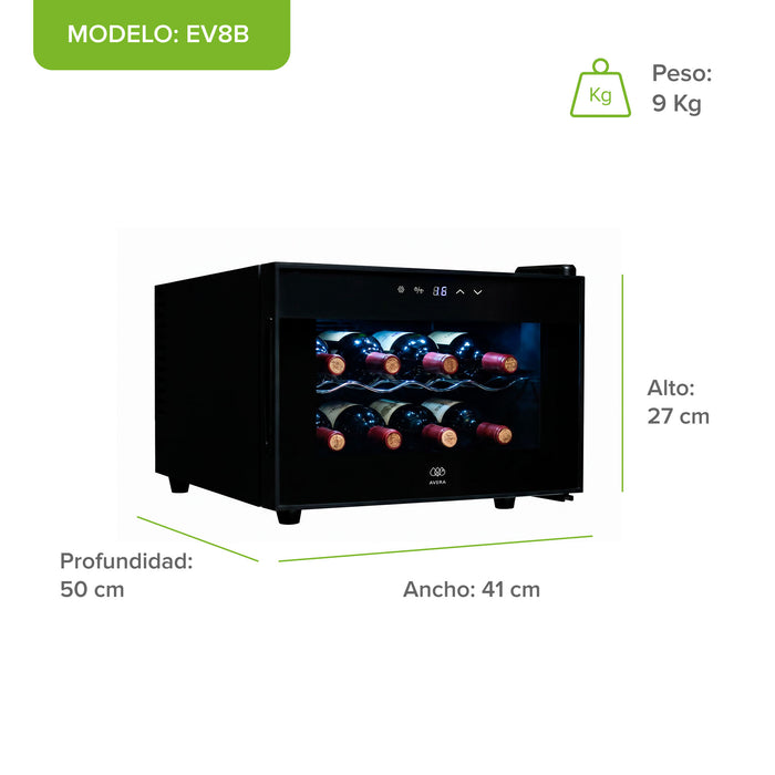 Cava de vinos horizontal Avera para 8 botellas con dimensiones de 27x41x50 cm, enfriamiento termoeléctrico y panel digital.