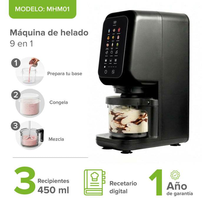 Máquina de helados Avera MHM01 negra con panel táctil de 9 programas e infografía de preparación en 3 pasos.