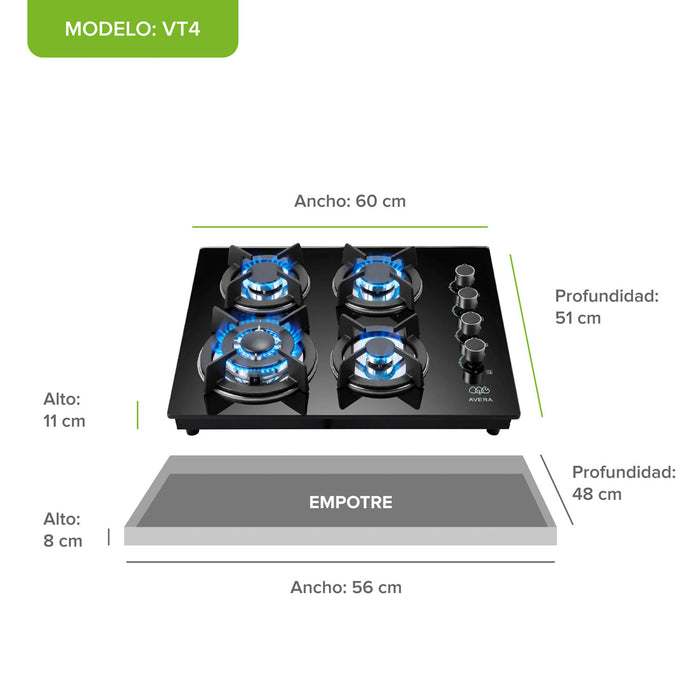 Combo Parrilla de gas 4 quemadores vidrio templado 60 cm + Horno gas LP 58 L