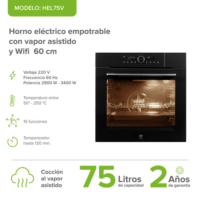 Horno empotrable eléctrico 75 L 220 V digital con cocción al vapor y 15 funciones integradas + WiFi