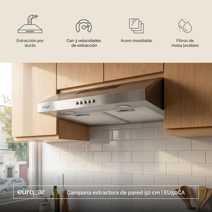 Campana de cocina de pared 50 cm, 180 m³/h de extracción, acero inoxidable - eurogar