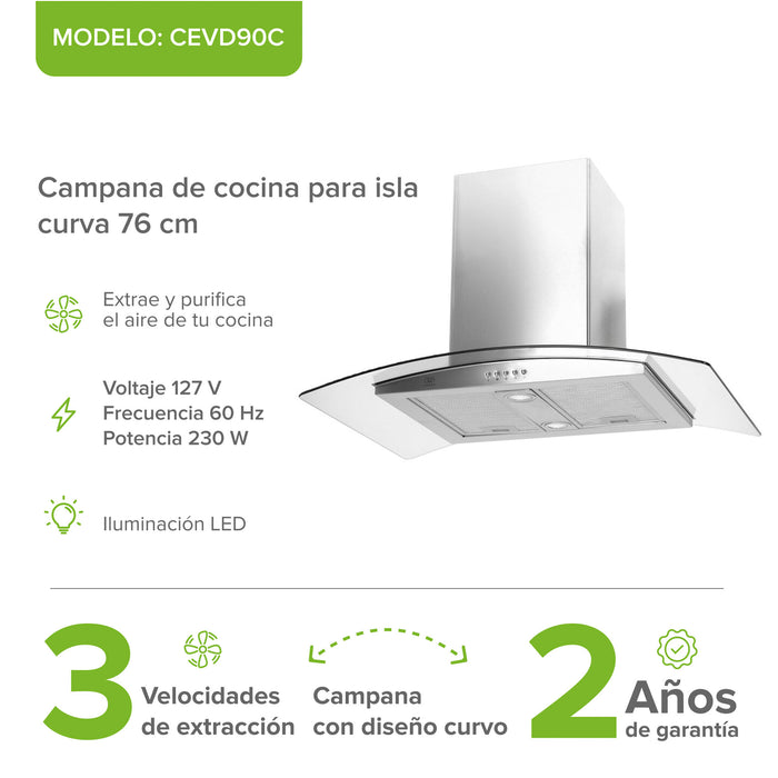 Campana de cocina para isla curva 76 cm, 780 m3/h de extracción acero inoxidable y vidrio templado, acero inoxidable