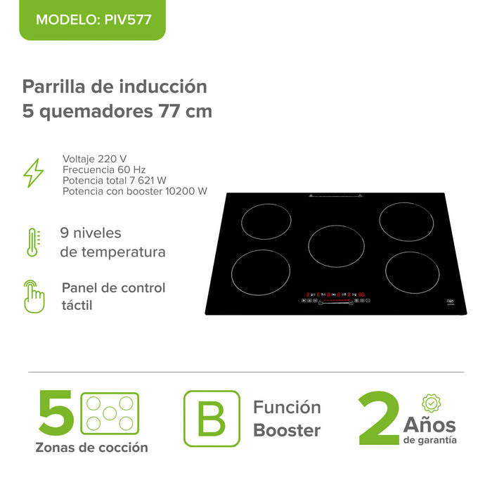 Combo Parrilla de inducción 5 quemadores con booster 77 cm + Horno eléctrico 67 L 127 V