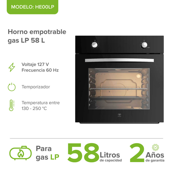 Horno empotrable a gas LP 60 cm con 2 perillas 58 L